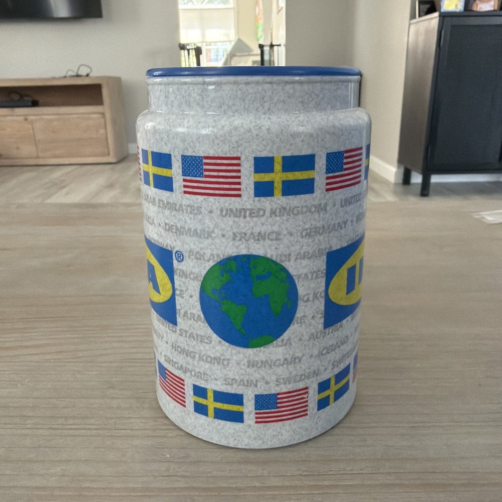 Vintage IKEA Whirley Travel Mug 1980s Global Flag Promotional Coffee Cup Rare